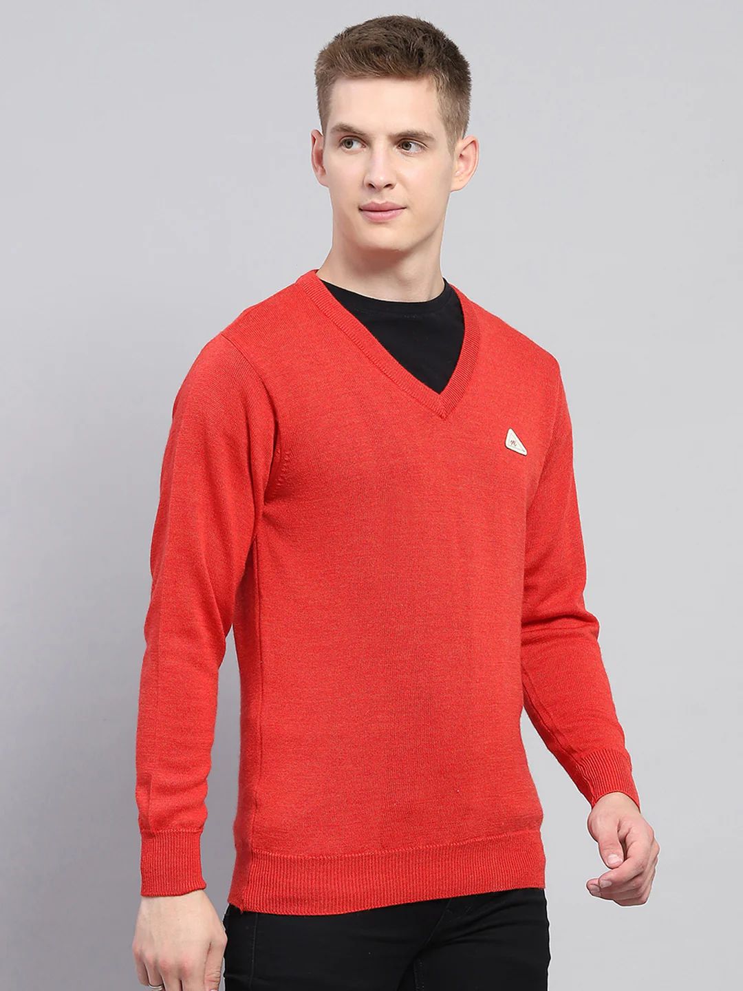 Men Red Solid V Neck Full Sleeve Pullover - Image 4