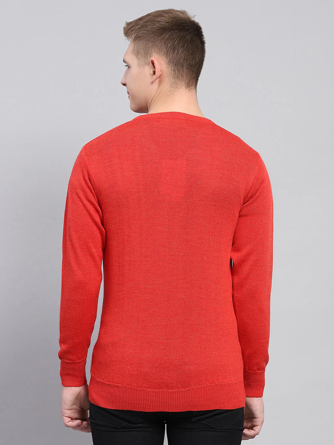 Men Red Solid V Neck Full Sleeve Pullover - Image 5