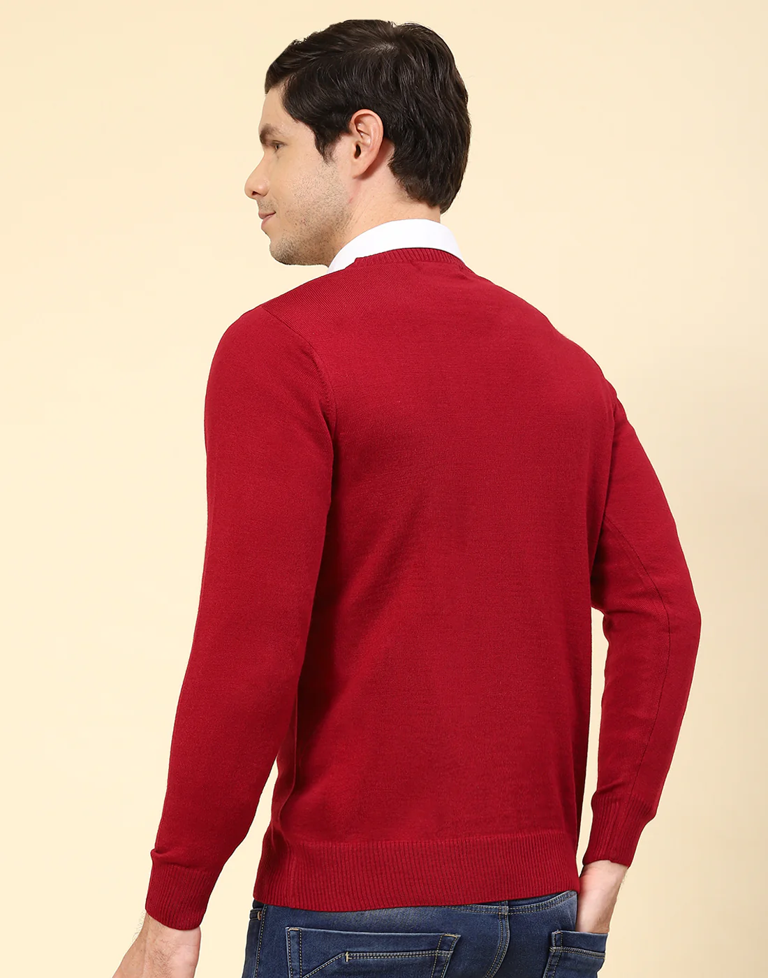 Men Red Solid V Neck Full Sleeve Pullover - Image 5