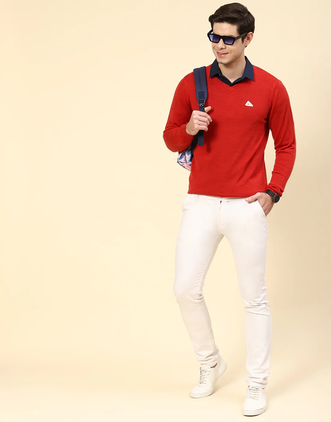Men Red Solid V Neck Full Sleeve Pullover - Image 2