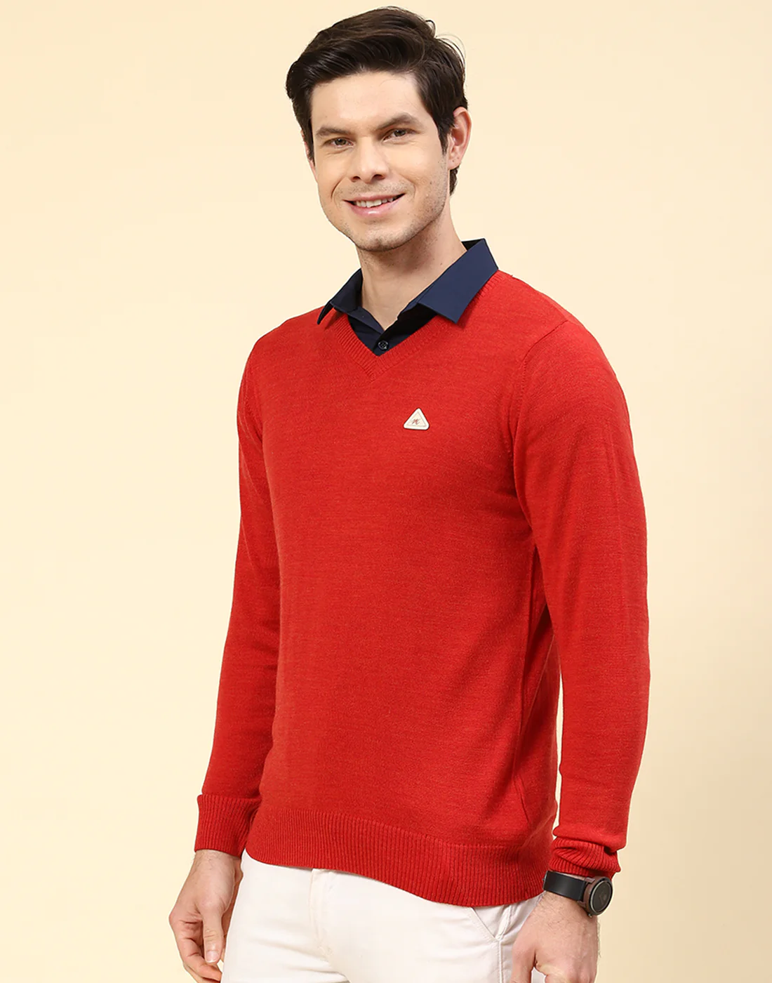 Men Red Solid V Neck Full Sleeve Pullover - Image 3