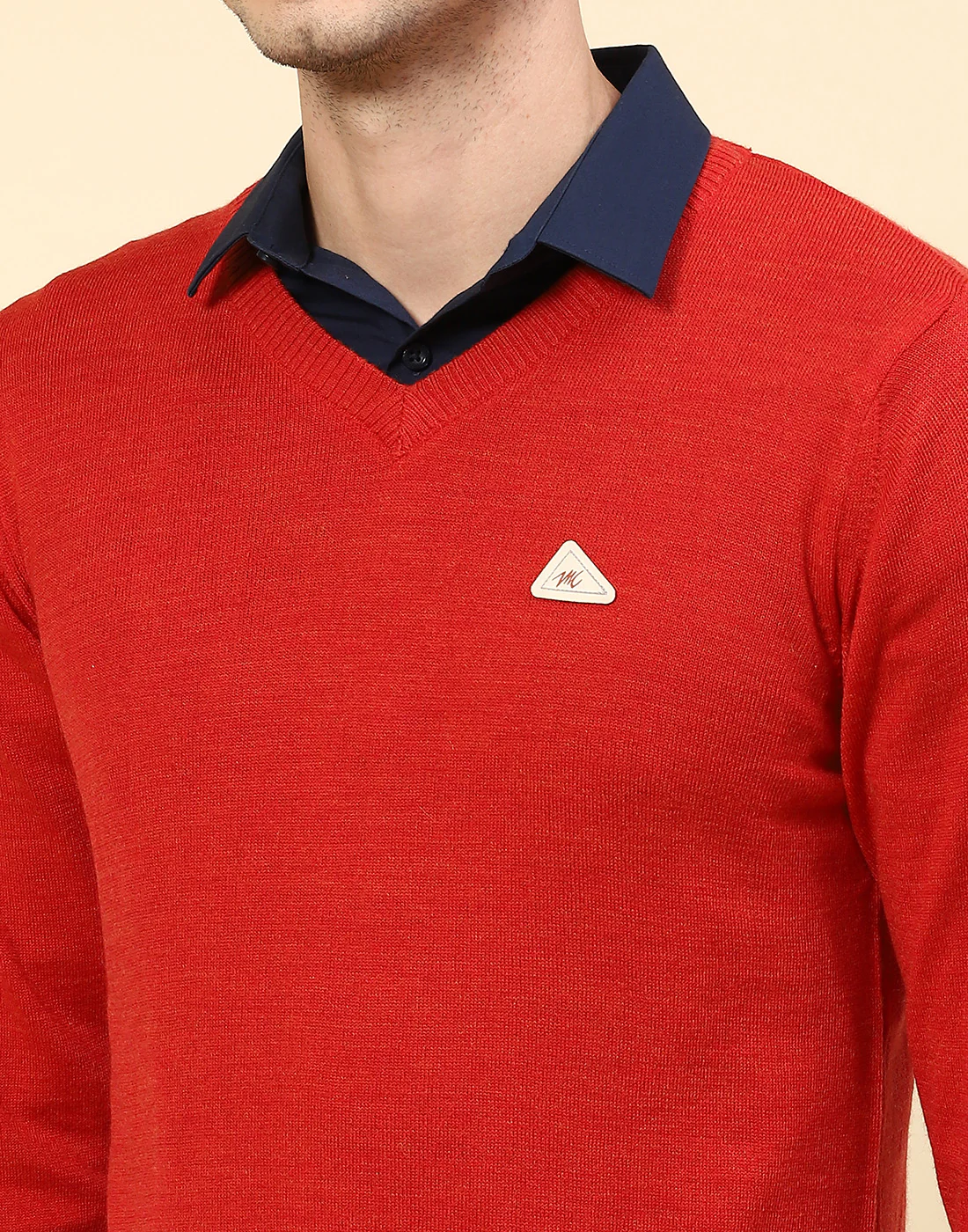 Men Red Solid V Neck Full Sleeve Pullover - Image 6