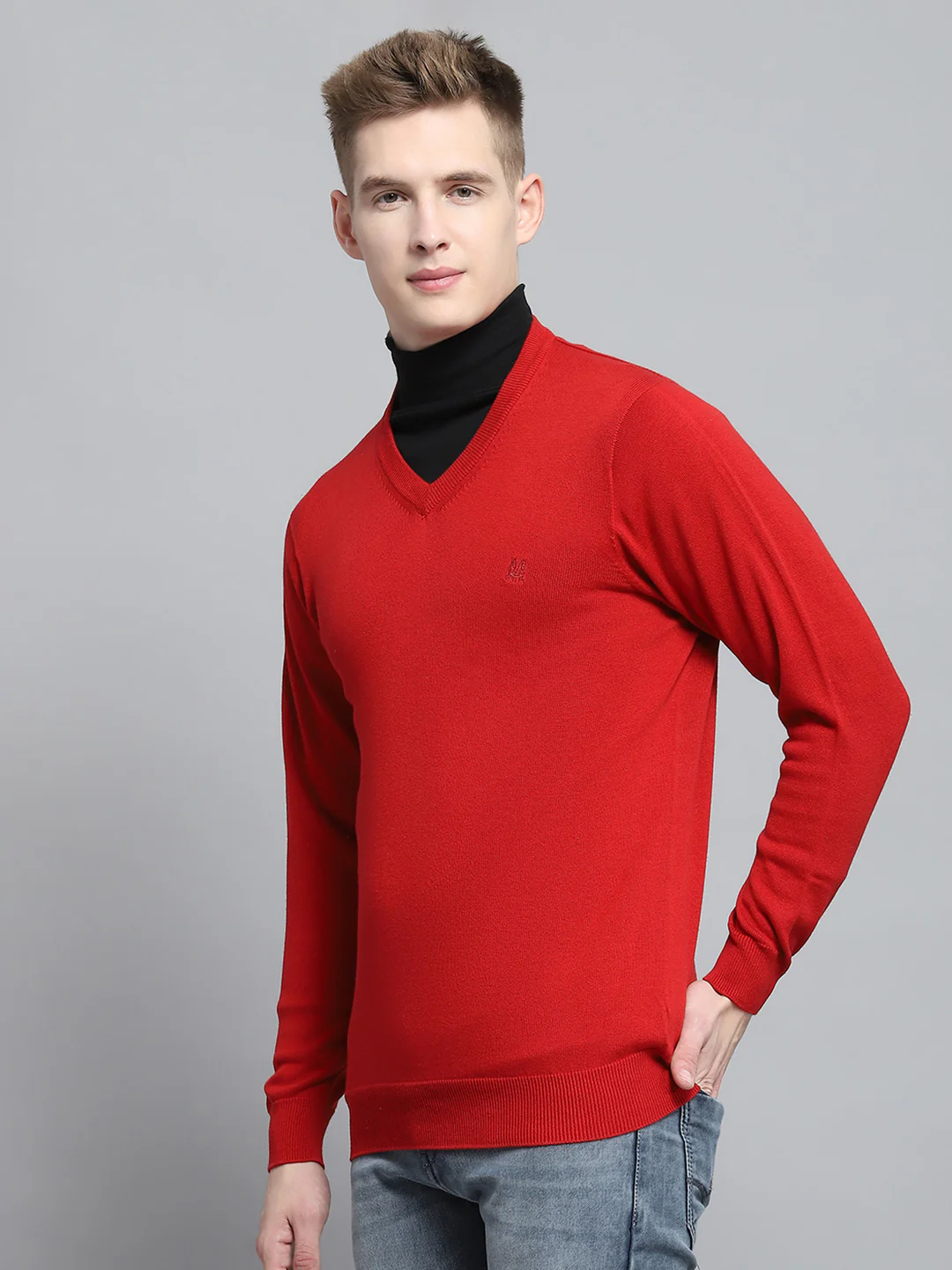 Men Red Solid V Neck Full Sleeve Pullover - Image 3