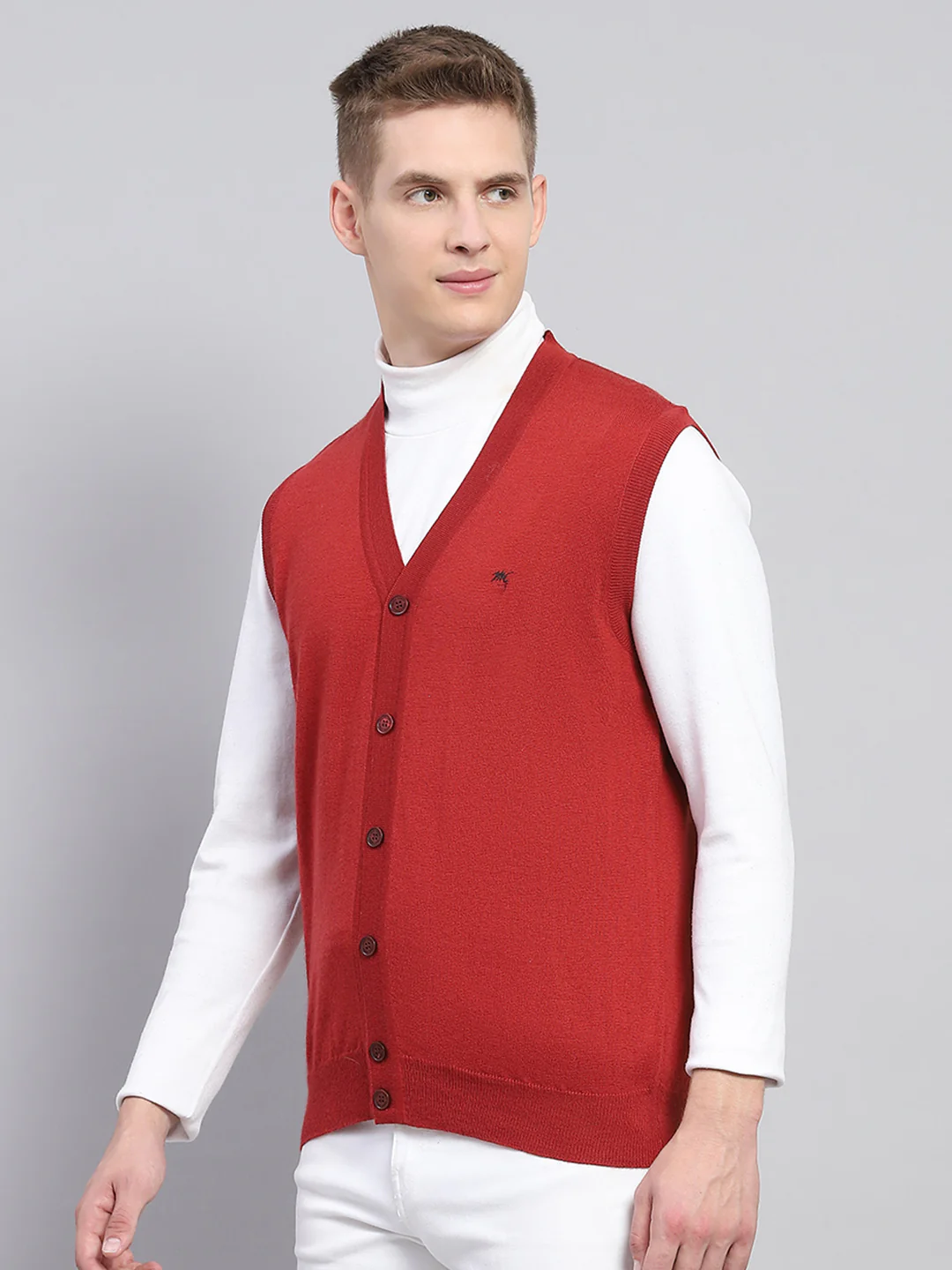 Men Red Solid V Neck Sleeveless Cardigan - Image 3