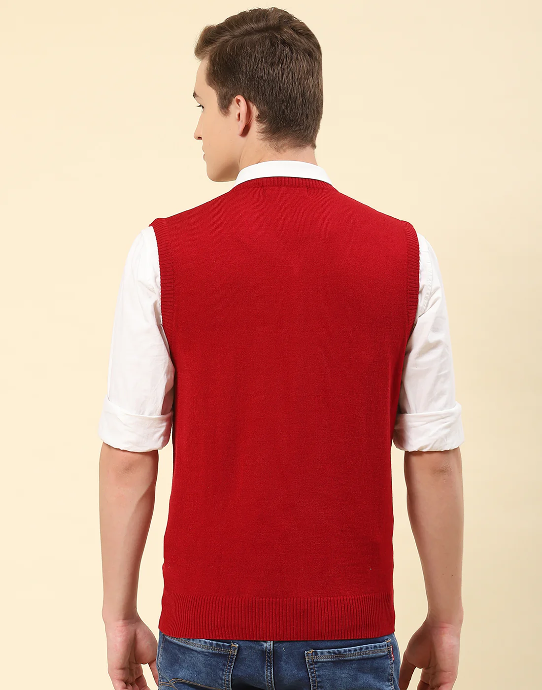 Men Red Solid V Neck Sleeveless Sweater - Image 5