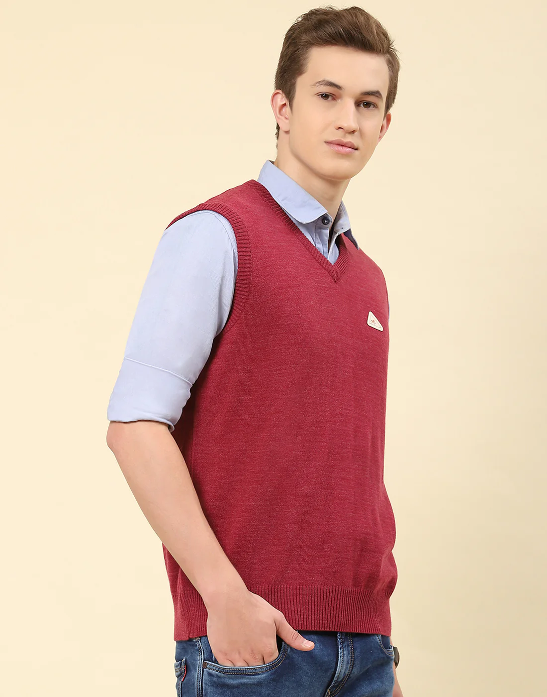 Men Red Solid V Neck Sleeveless Sweater - Image 4