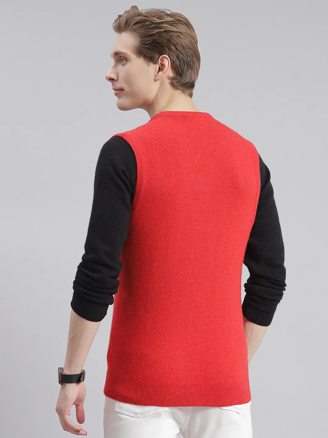 Men Red Solid V Neck Sleeveless Sweaters/Pullovers - Image 5