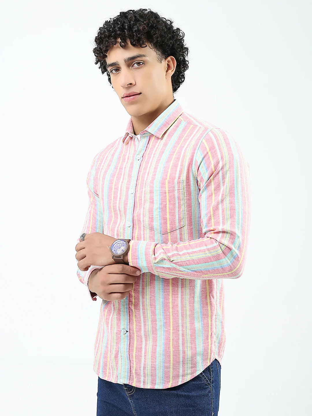 Men Red Stripe Collar Full Sleeve Linen Shirt - Image 3