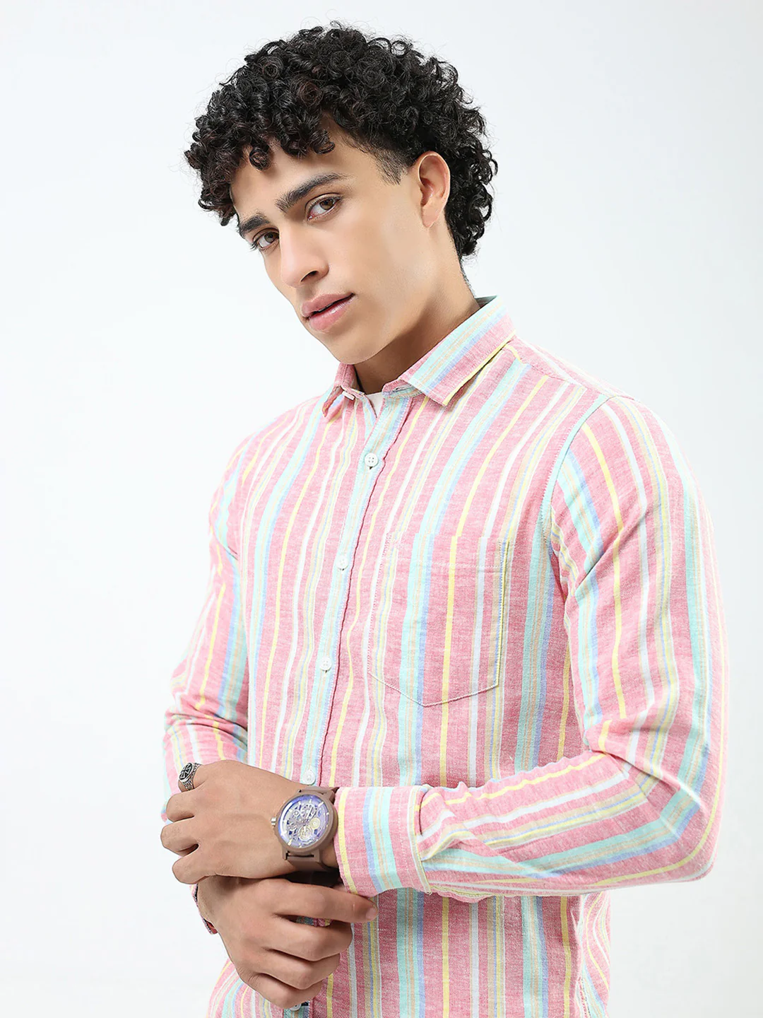 Men Red Stripe Collar Full Sleeve Linen Shirt - Image 7