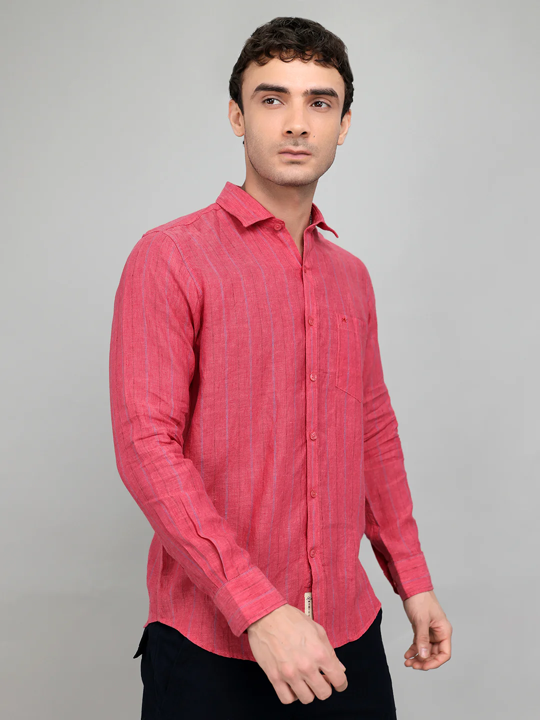 Men Red Stripe Collar Full Sleeve Shirt - Image 3