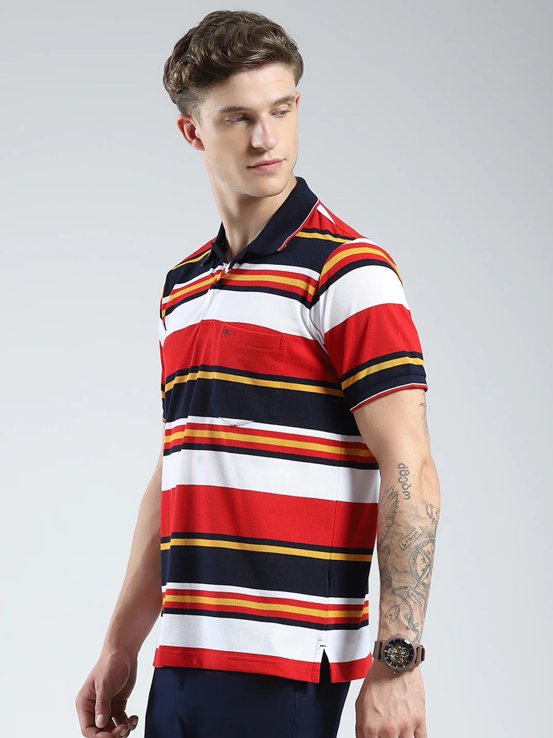 Men Red Stripe Collar Half Sleeve T-Shirt - Image 3