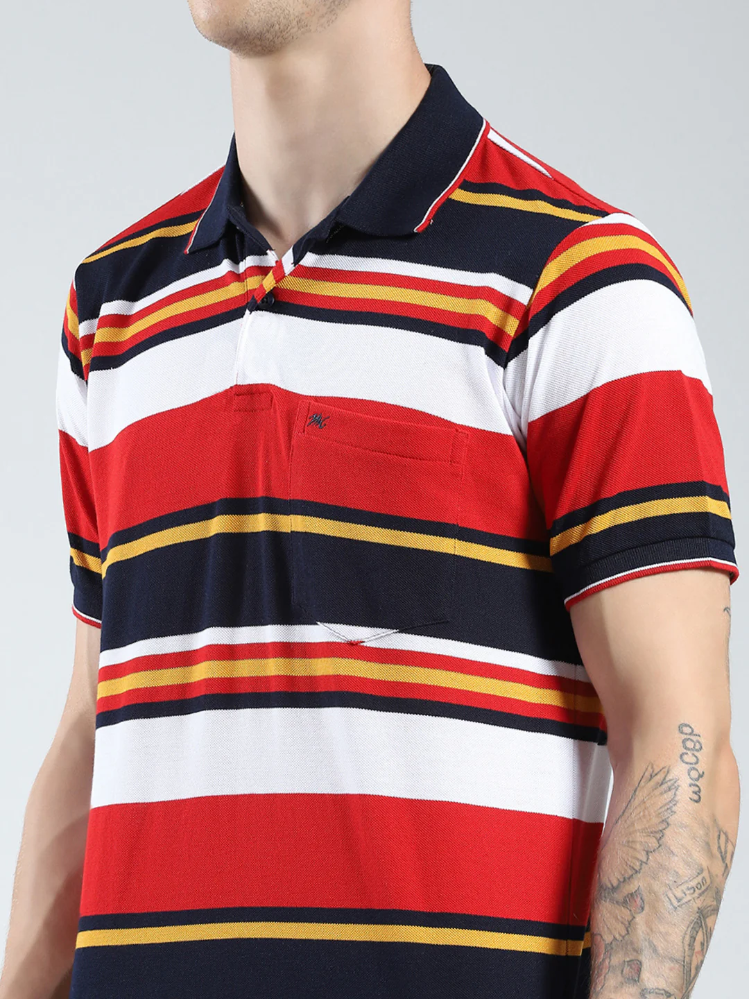 Men Red Stripe Collar Half Sleeve T-Shirt - Image 6