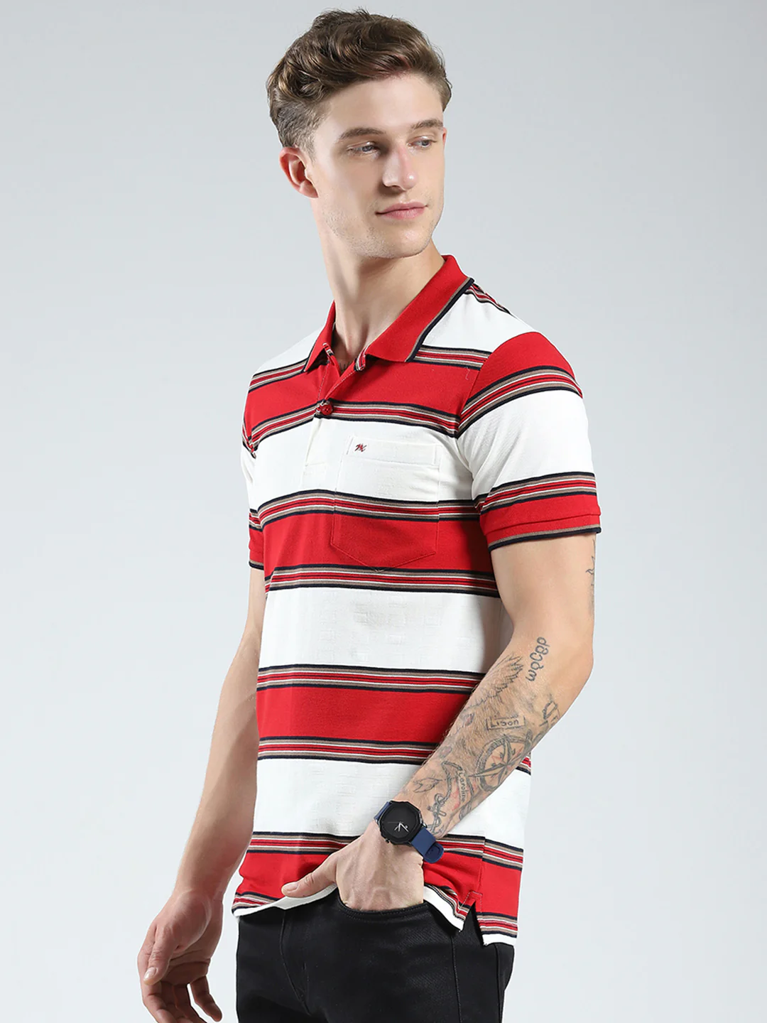 Men Red Stripe Collar Half Sleeve T-Shirt - Image 3