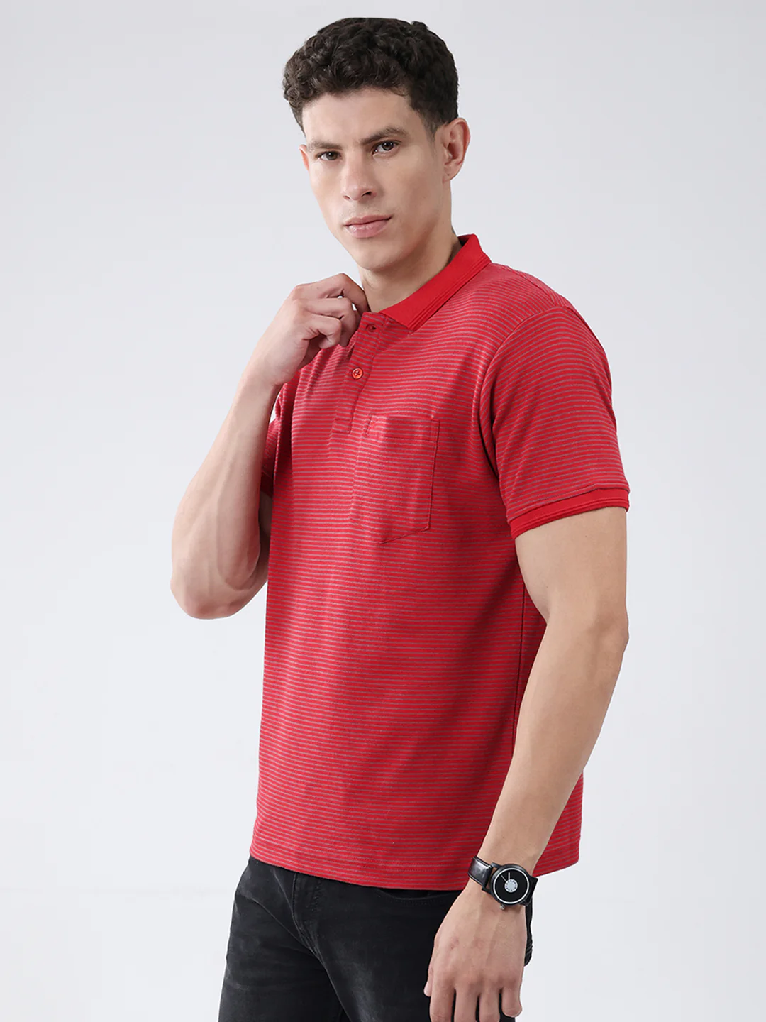 Men Red Stripe Collar Half Sleeve T-Shirt - Image 3