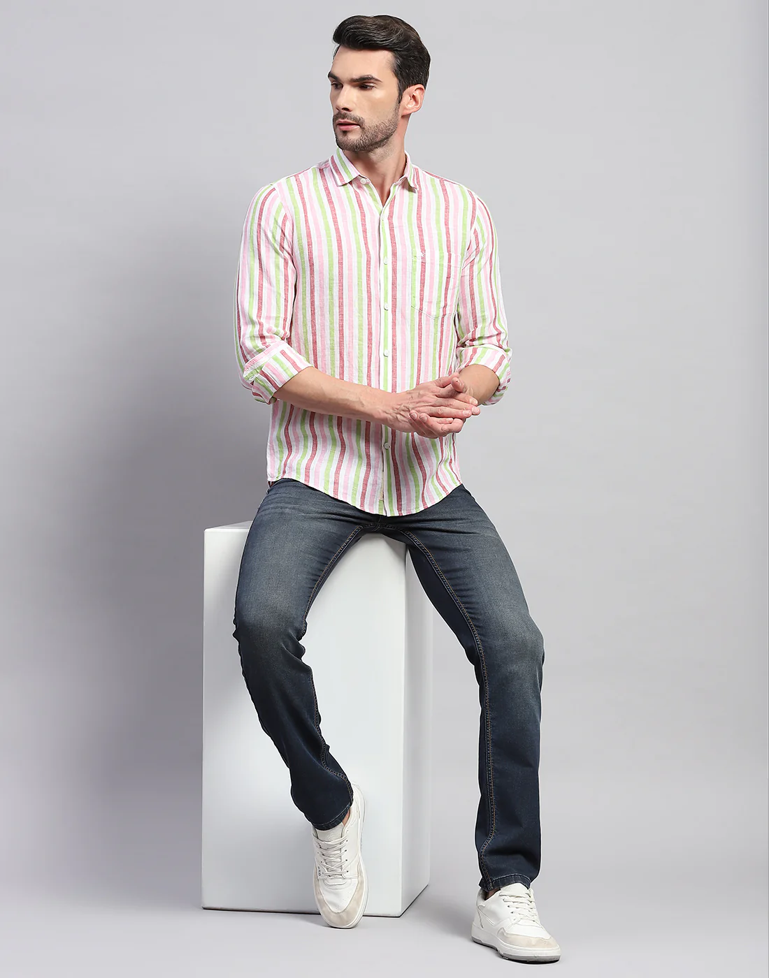 Men Red Stripe Collar Neck Full Sleeve Linen Shirt - Image 2