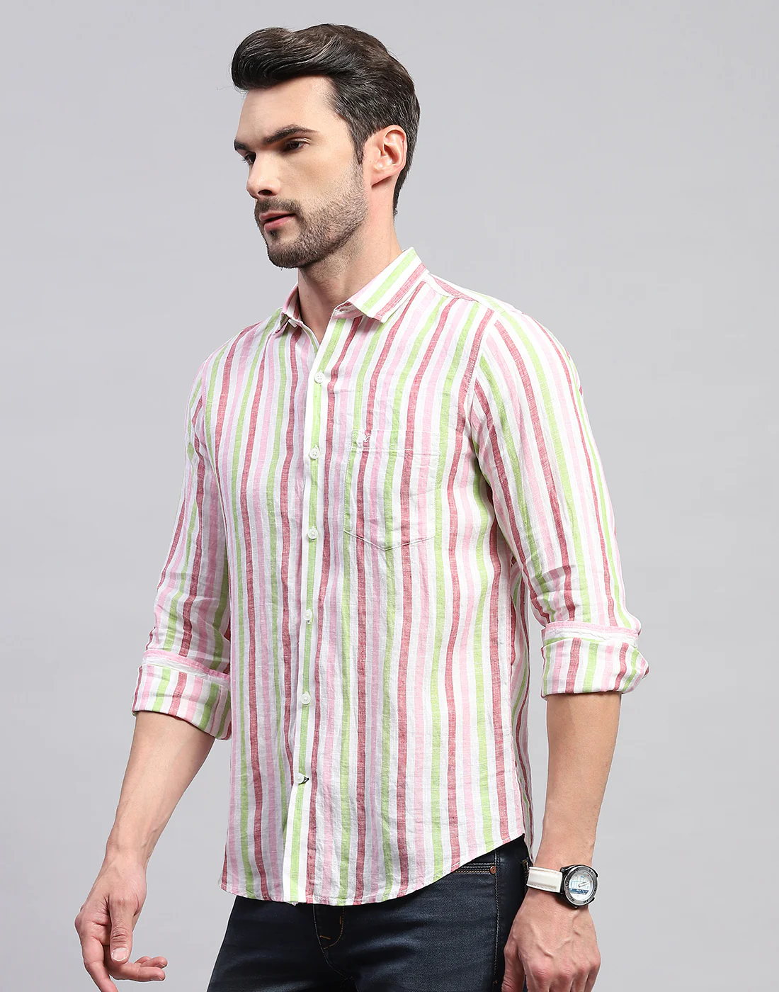 Men Red Stripe Collar Neck Full Sleeve Linen Shirt - Image 3
