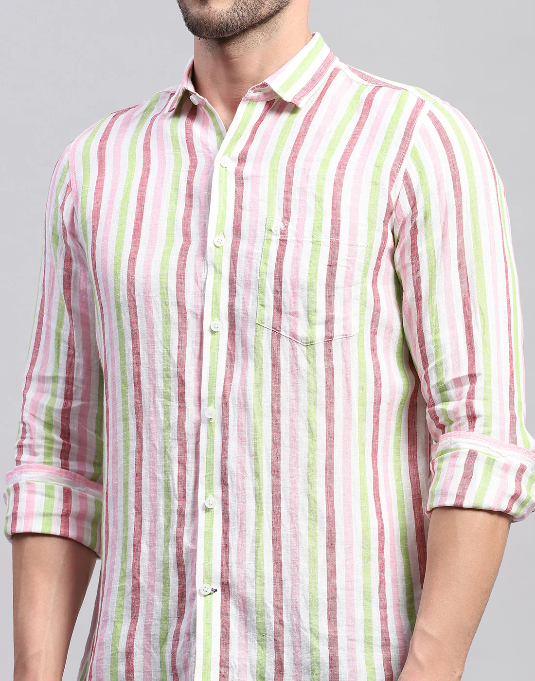 Men Red Stripe Collar Neck Full Sleeve Linen Shirt - Image 7