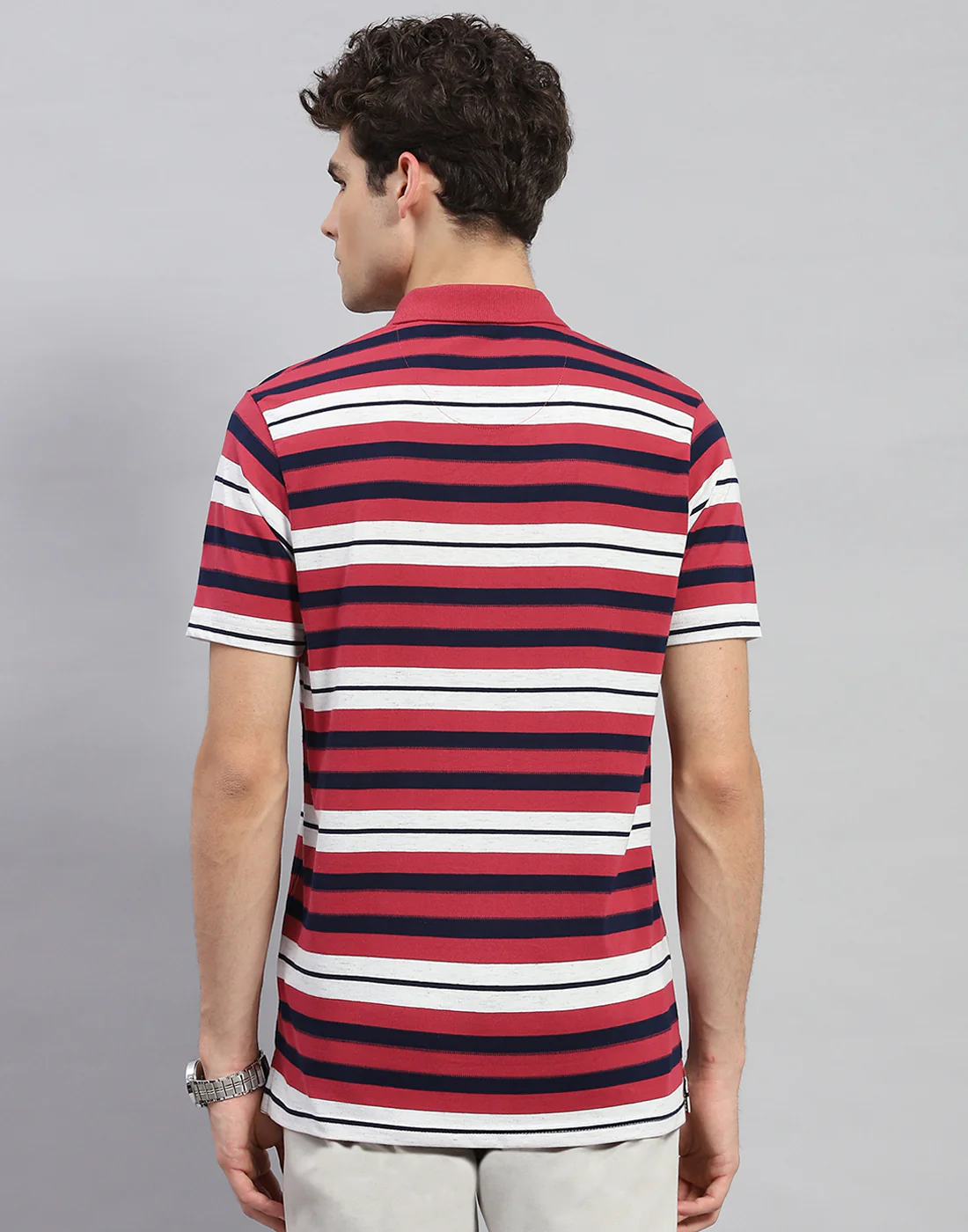 Men Red Stripe Polo Collar Half Sleeve T-Shirt - Image 5