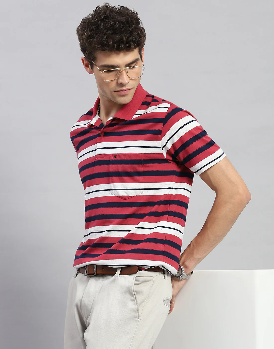 Men Red Stripe Polo Collar Half Sleeve T-Shirt - Image 6