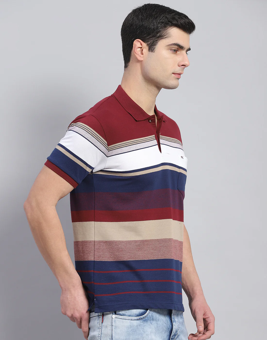 Men Red Stripe Polo Collar Half Sleeve T-Shirt - Image 5