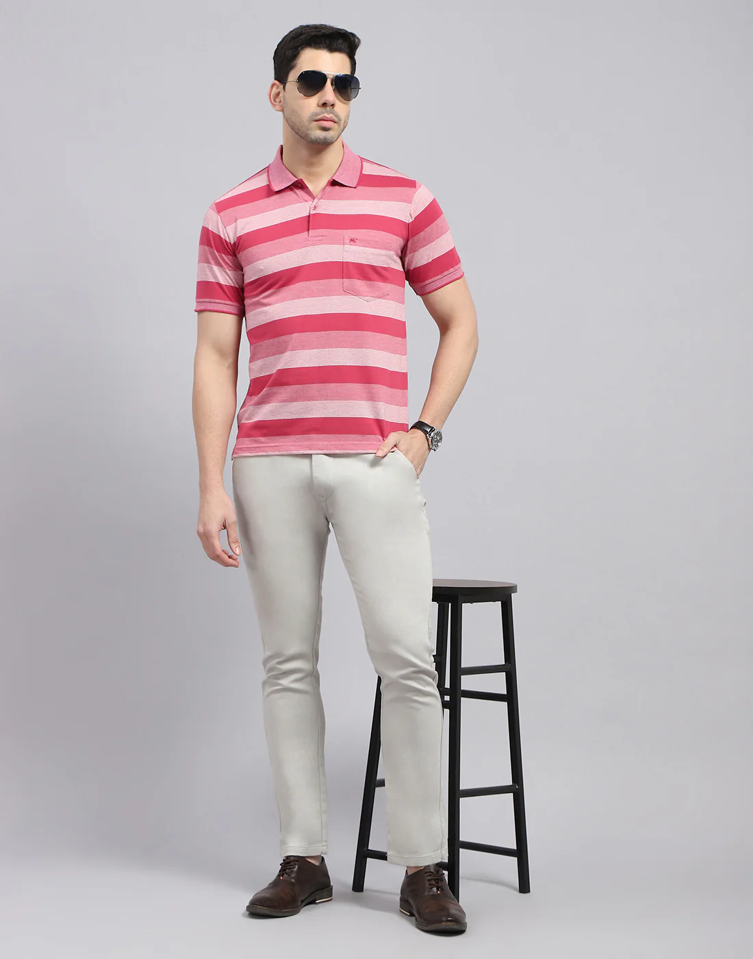 Men Red Stripe Polo Collar Half Sleeve T-Shirt - Image 2