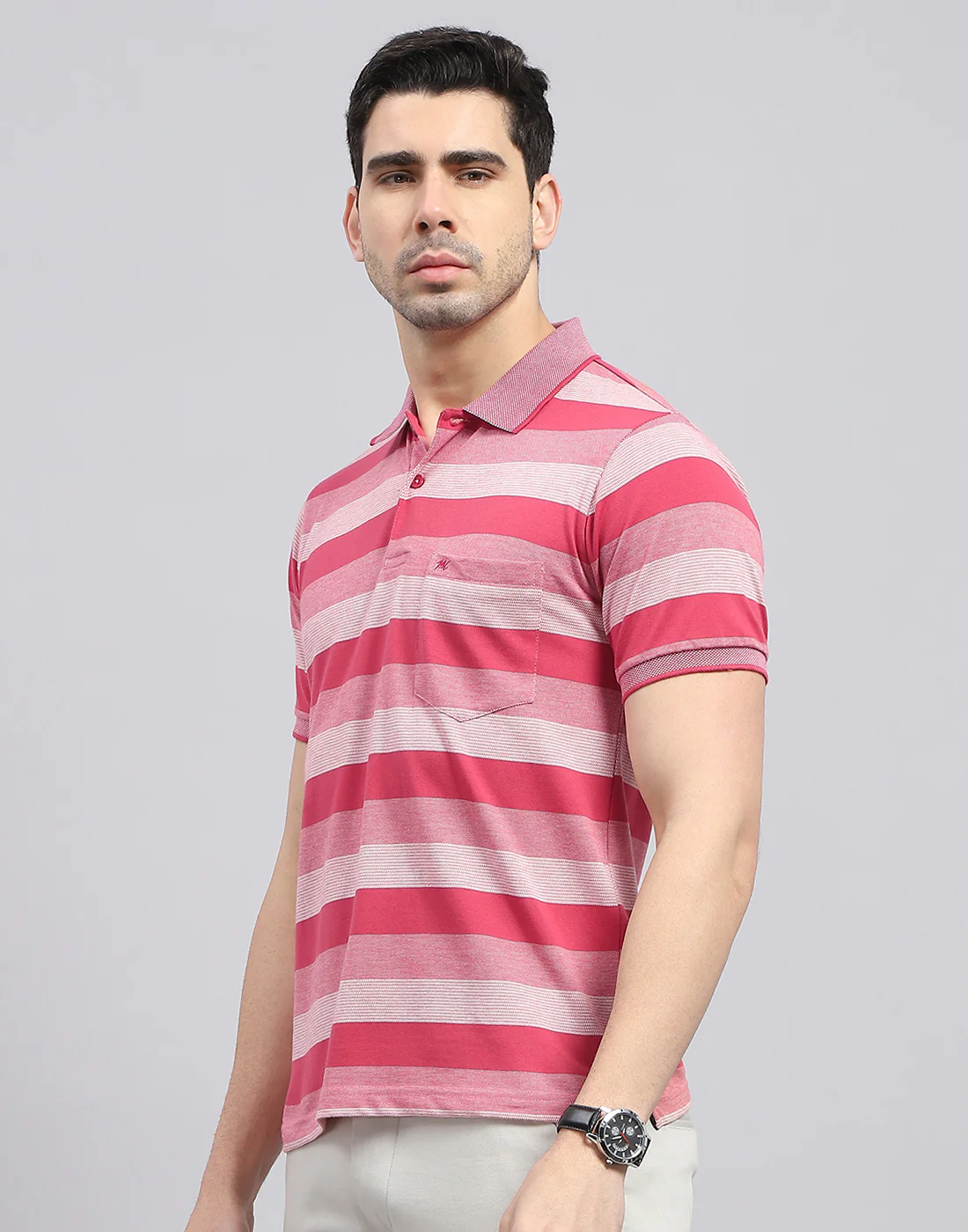 Men Red Stripe Polo Collar Half Sleeve T-Shirt - Image 3