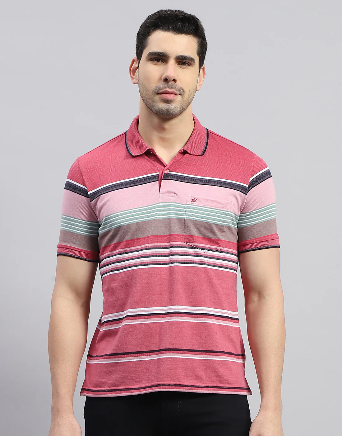 Men Red Stripe Polo Collar Half Sleeve T-Shirt - Image 3