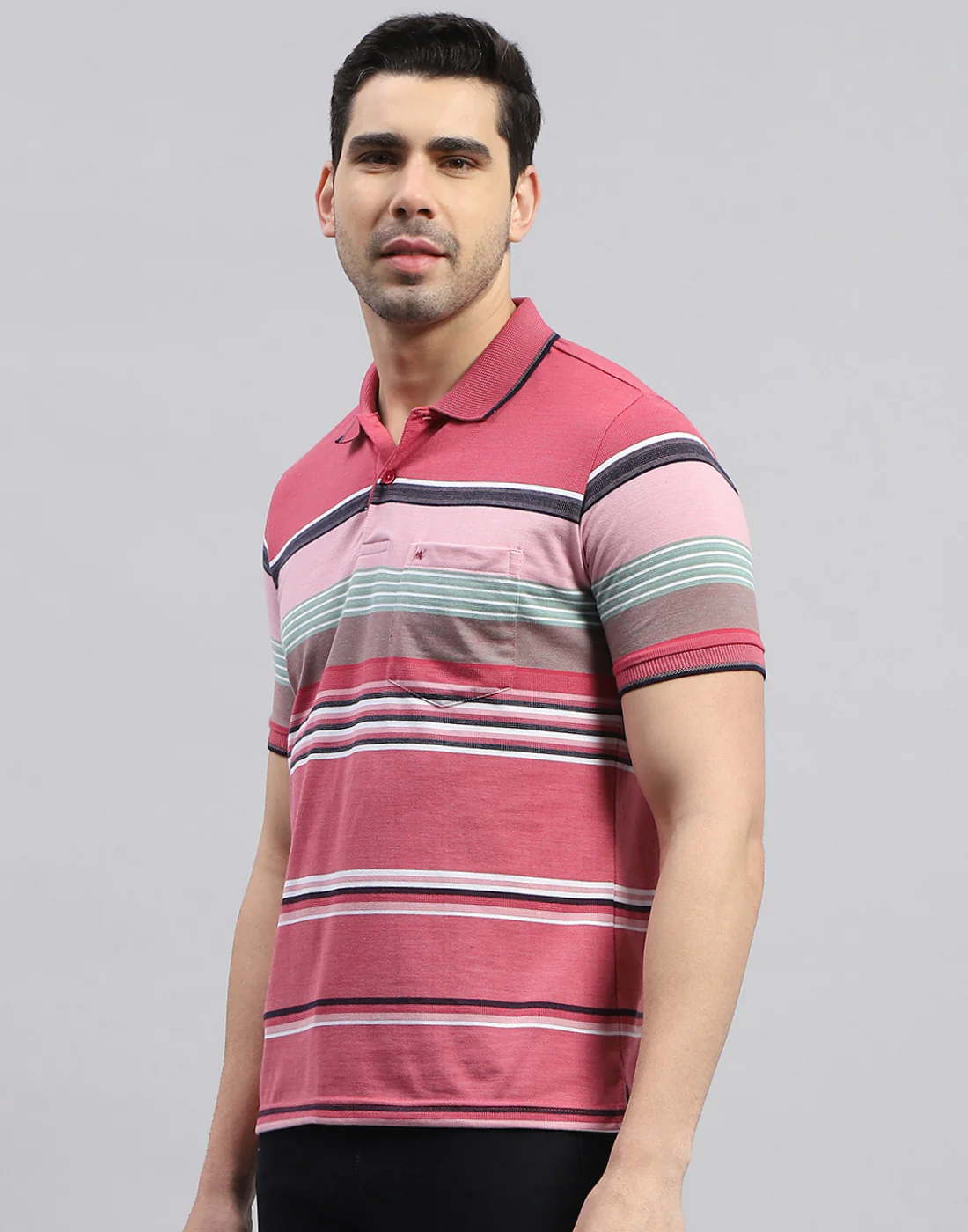 Men Red Stripe Polo Collar Half Sleeve T-Shirt - Image 4