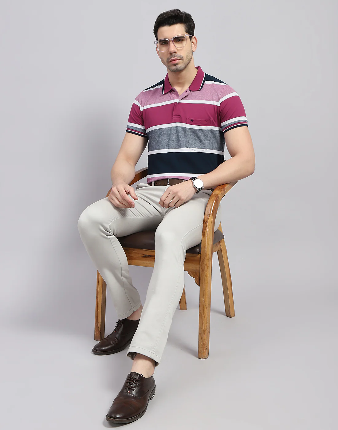 Men Red Stripe Polo Collar Half Sleeve T-Shirt - Image 2