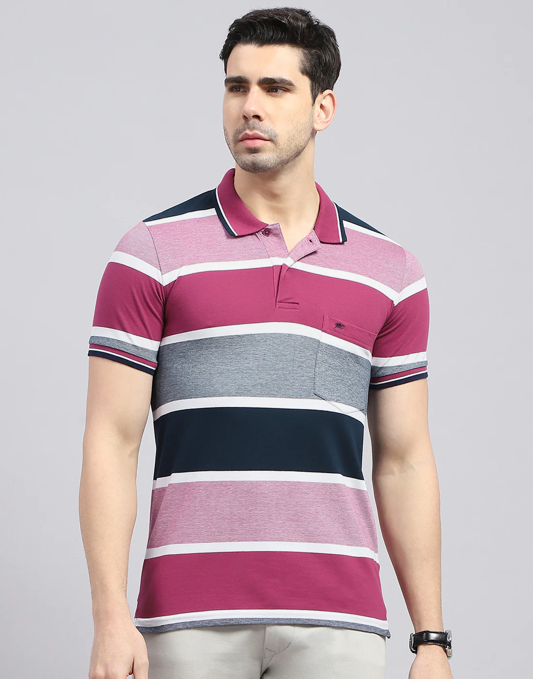 Men Red Stripe Polo Collar Half Sleeve T-Shirt - Image 3