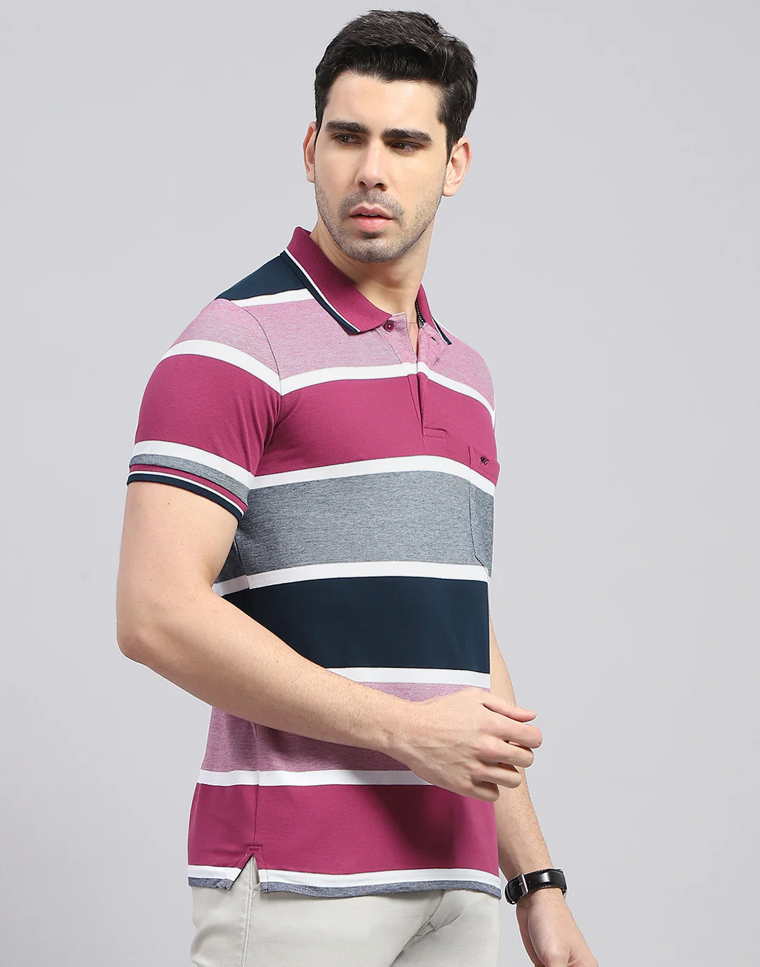 Men Red Stripe Polo Collar Half Sleeve T-Shirt - Image 5
