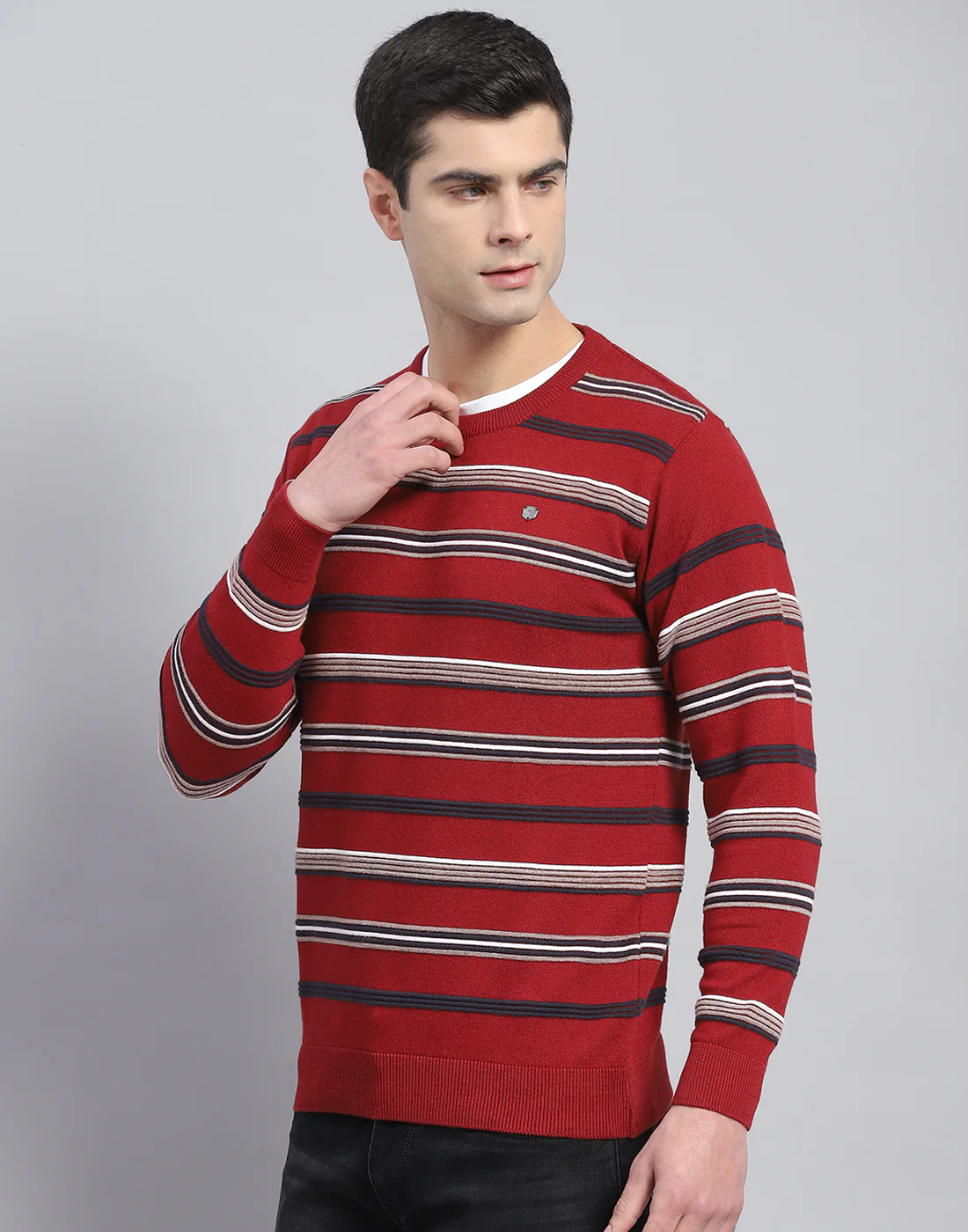 Men Red Stripe Round Neck Full Sleeve Pullover - Image 4