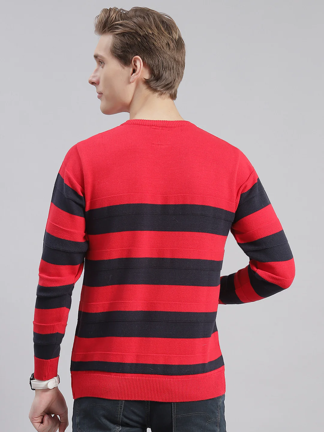 Men Red Stripe Round Neck Full Sleeve Sweaters/Pullovers - Image 3