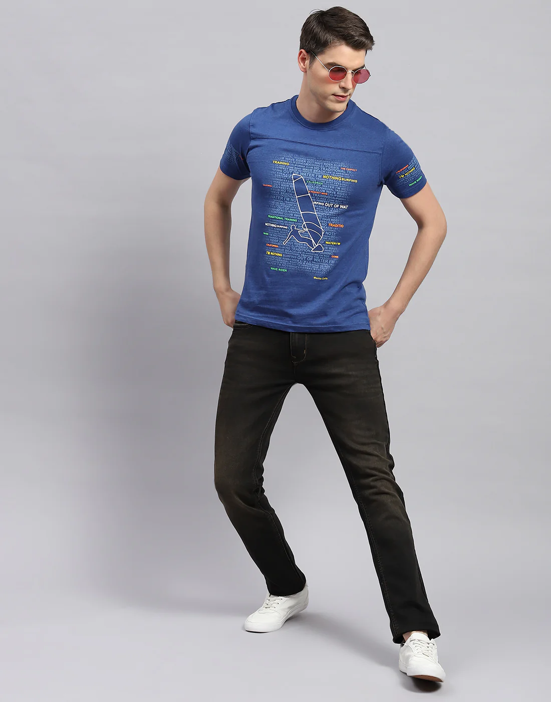 Men Royal Blue Printed Round Neck Half Sleeve T-Shirt - Image 2
