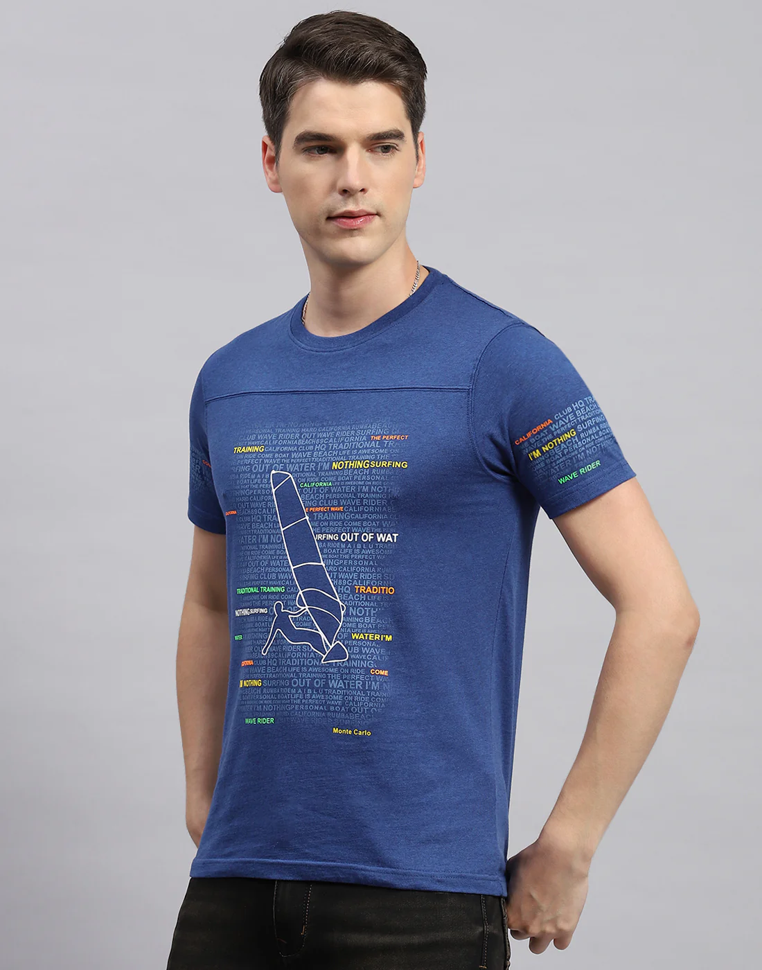 Men Royal Blue Printed Round Neck Half Sleeve T-Shirt - Image 3
