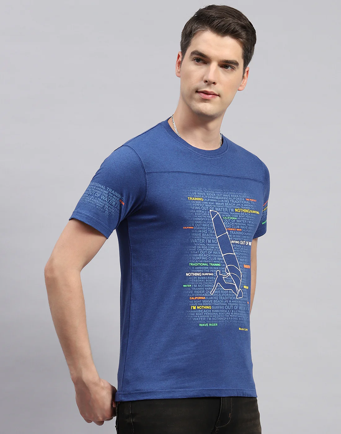 Men Royal Blue Printed Round Neck Half Sleeve T-Shirt - Image 4