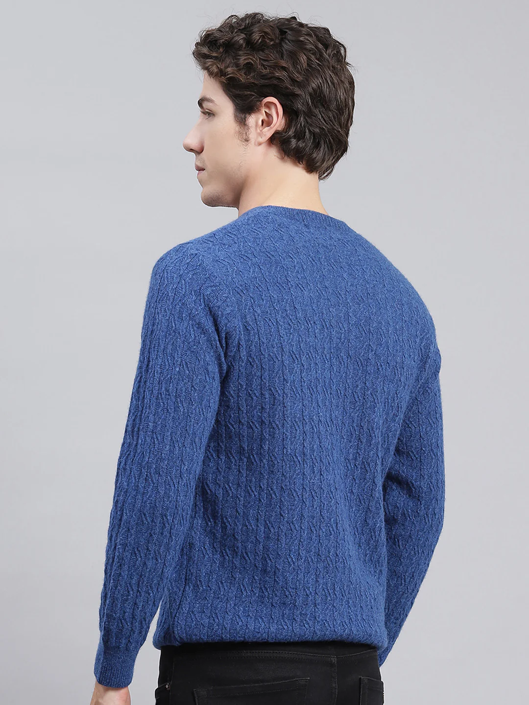 Men Royal Blue Self Design Lamb wool Pullover - Image 5