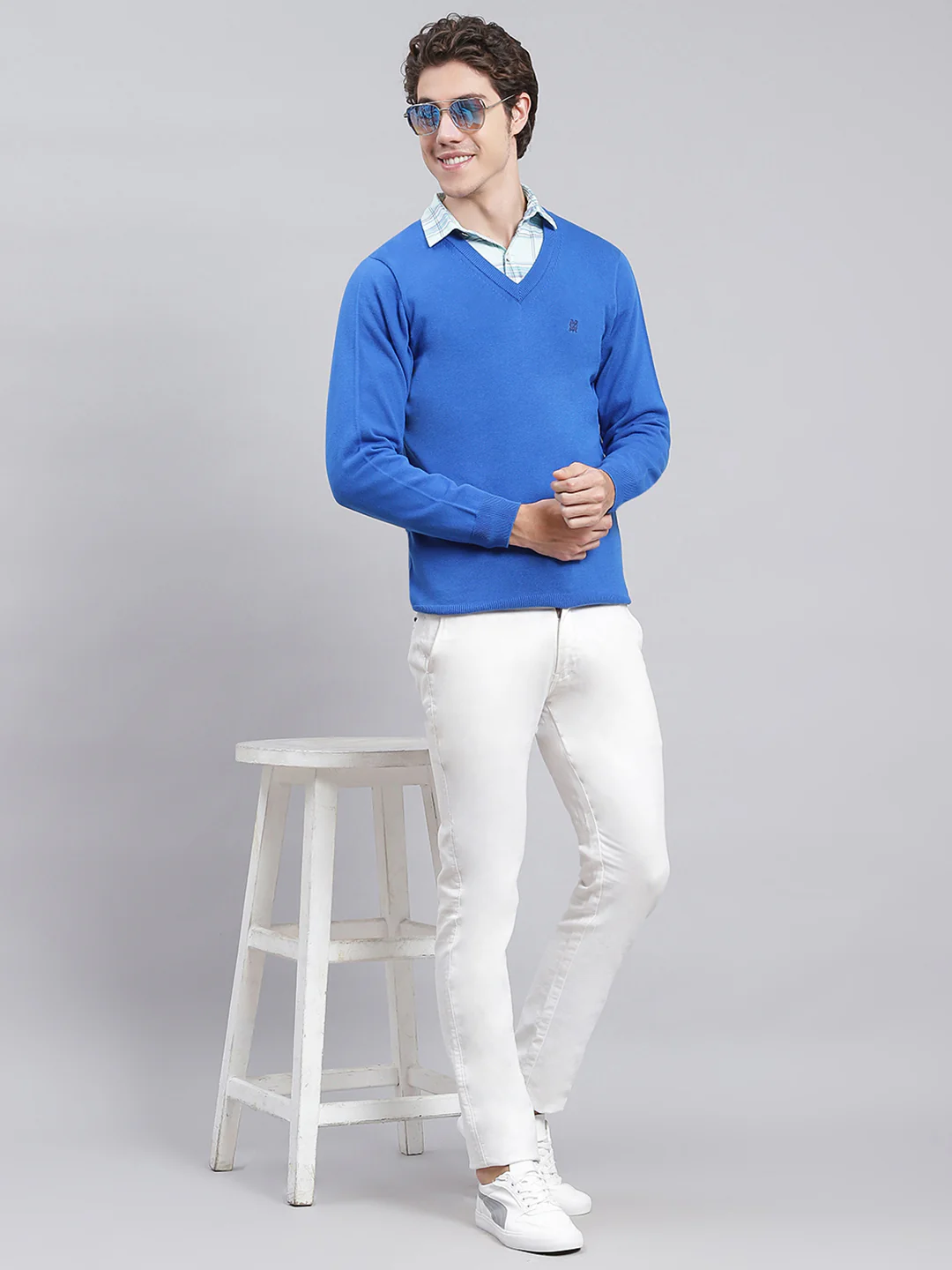 Men Royal Blue Solid Cotton Pullover - Image 2
