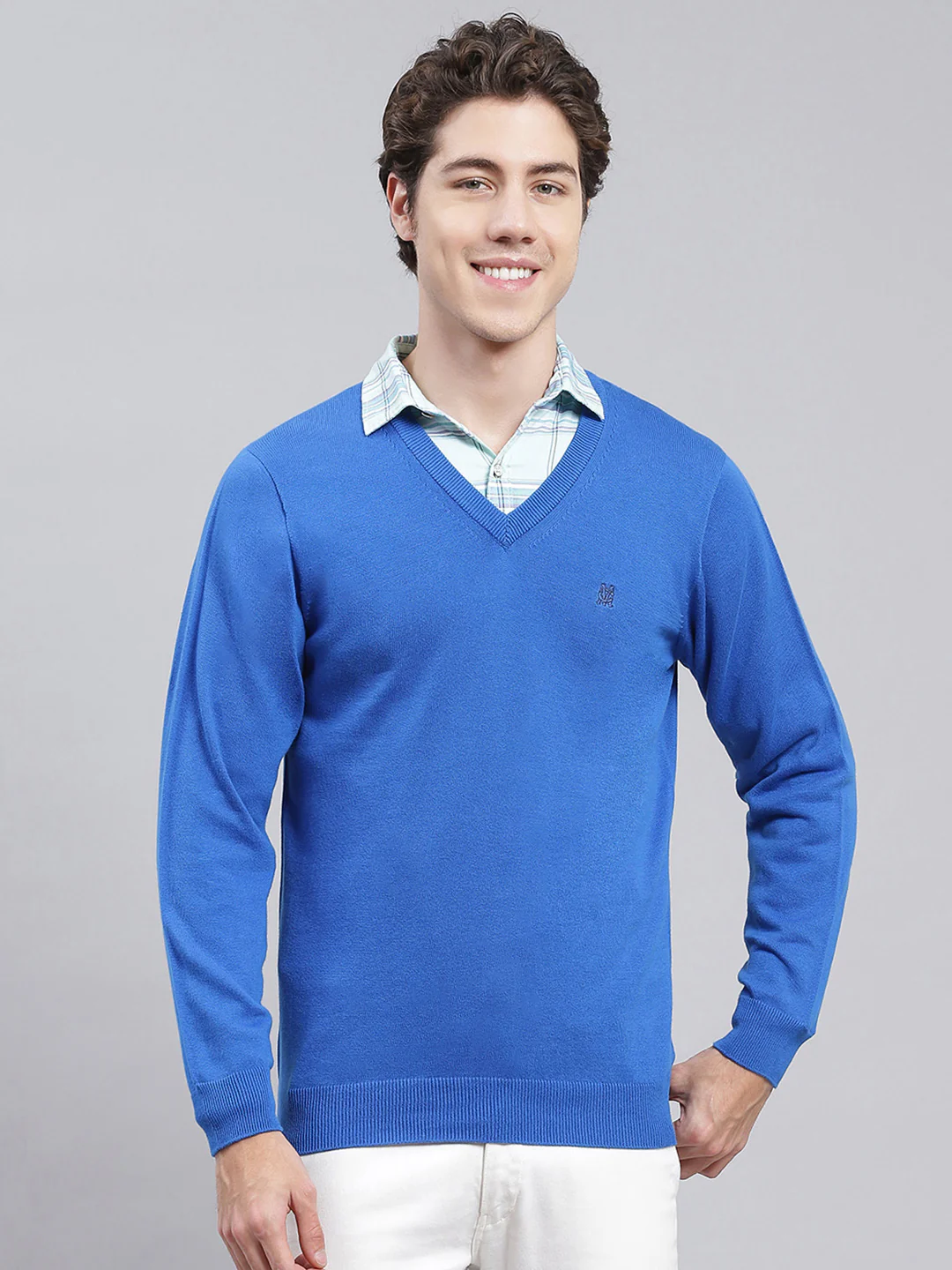 Men Royal Blue Solid Cotton Pullover - Image 3