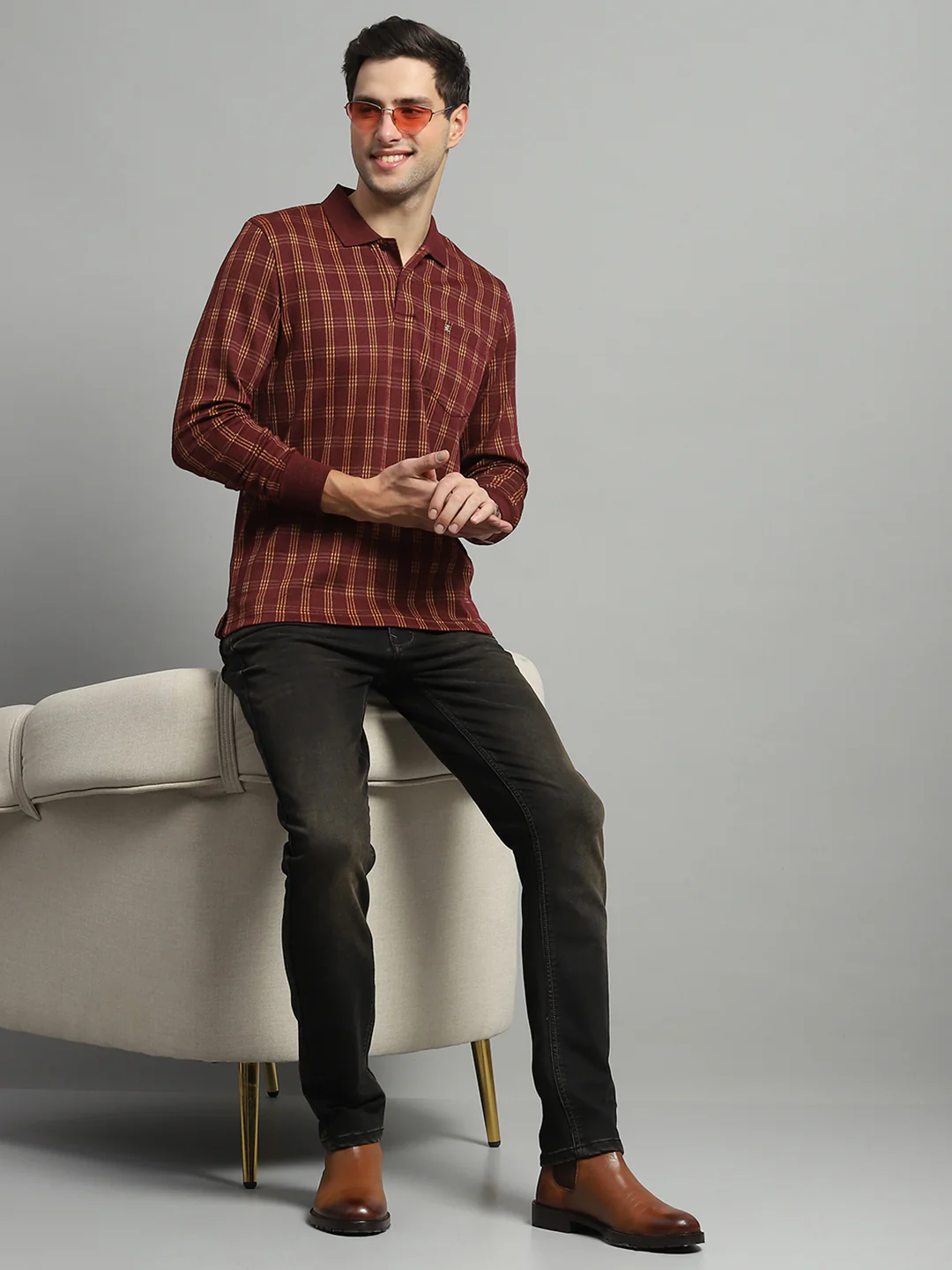 Luxuria Men Rust Check Collar Full Sleeve Winter T-Shirt - Image 2