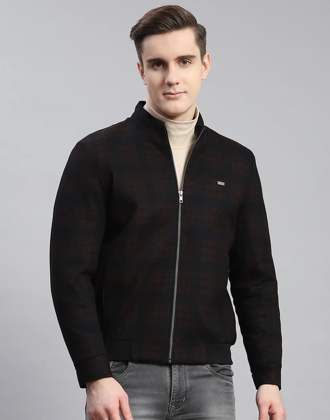 Men Rust Check Stand Collar Full Sleeve Coat - Image 2
