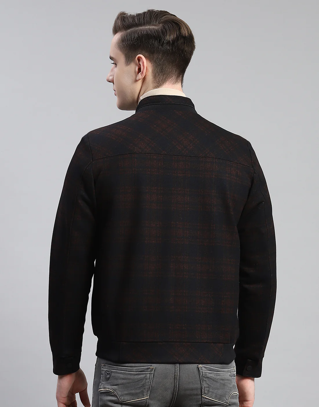 Men Rust Check Stand Collar Full Sleeve Coat - Image 5