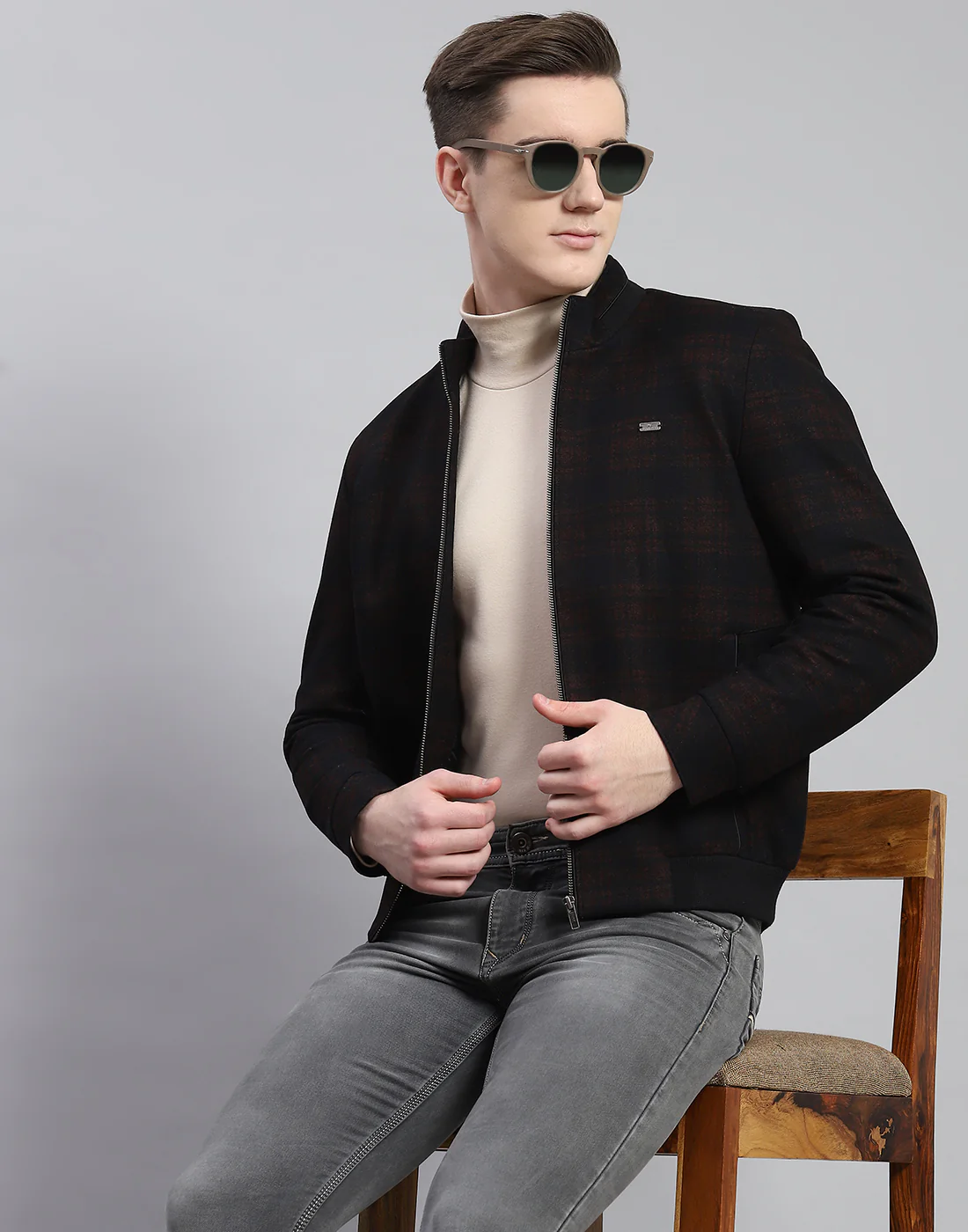 Men Rust Check Stand Collar Full Sleeve Coat - Image 6