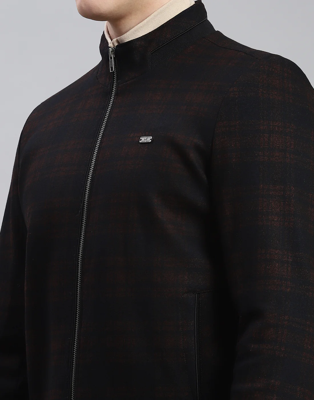Men Rust Check Stand Collar Full Sleeve Coat - Image 7