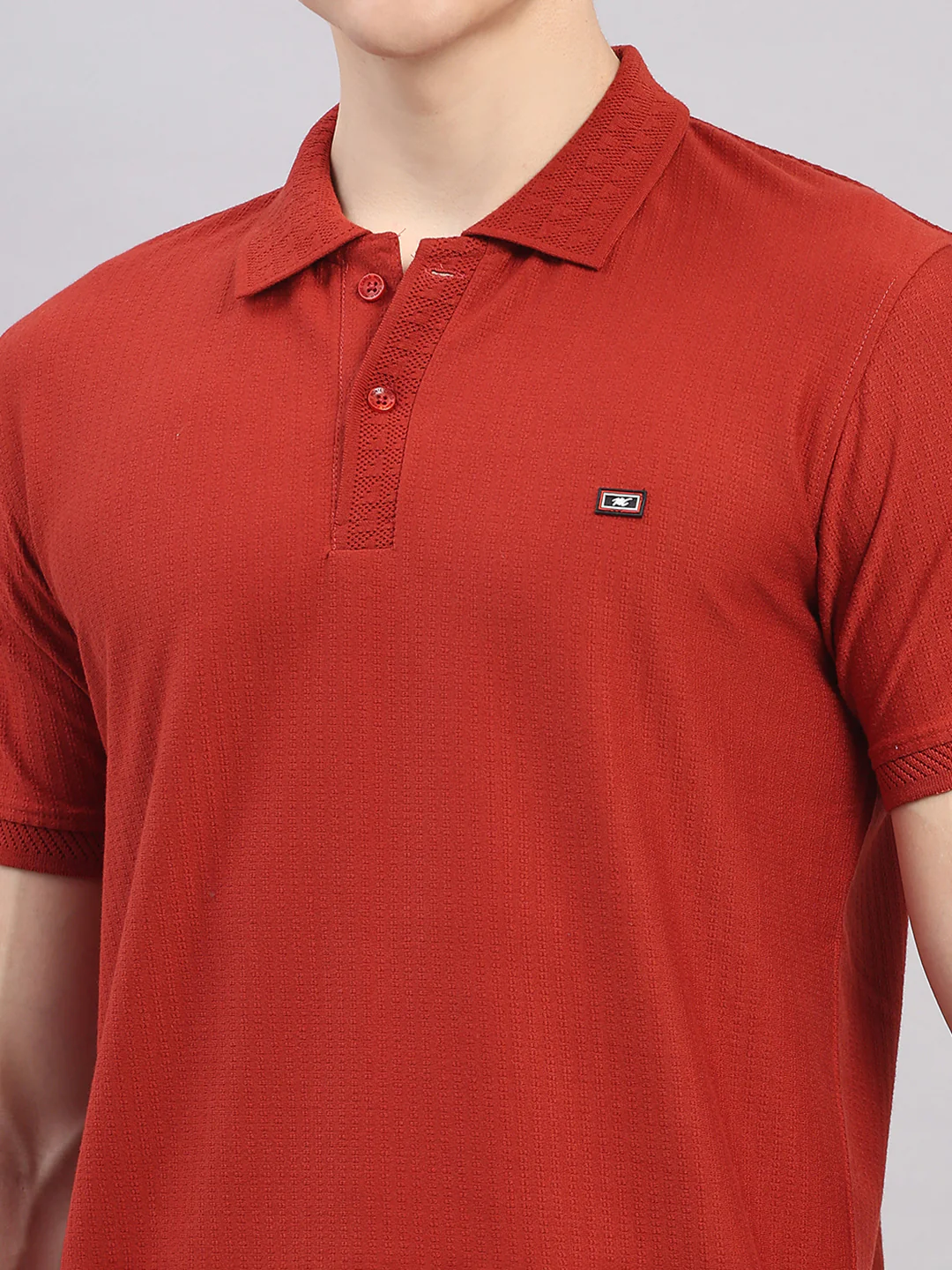 Men Rust Geometric Stand Collar Half Sleeve T-Shirt - Image 7