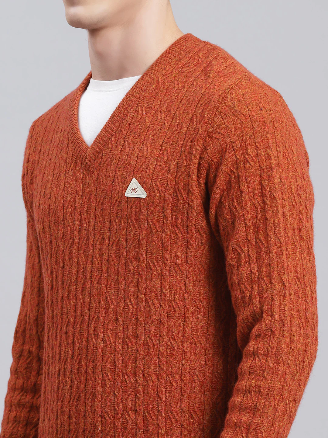 Men Rust Orange Self Design Lamb wool Pullover - Image 6