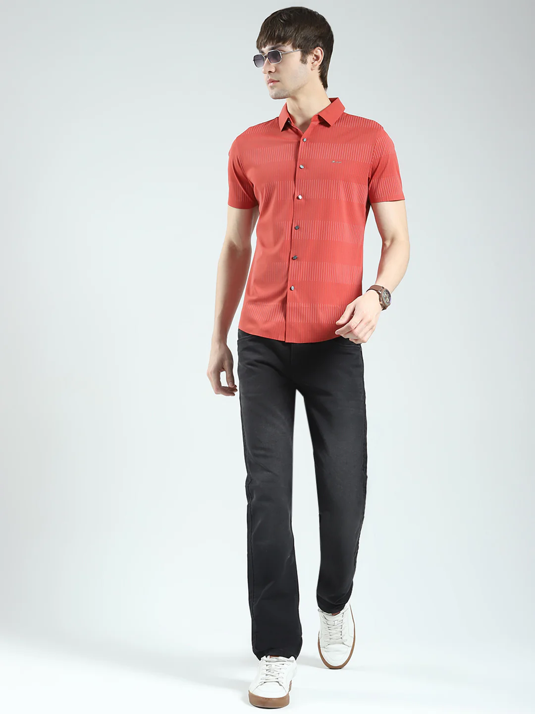 Men Rust Printed Collar Half Sleeve Shirt - Image 2