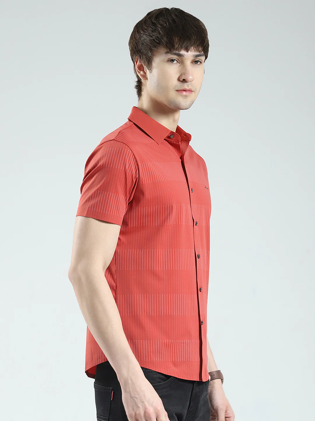 Men Rust Printed Collar Half Sleeve Shirt - Image 4