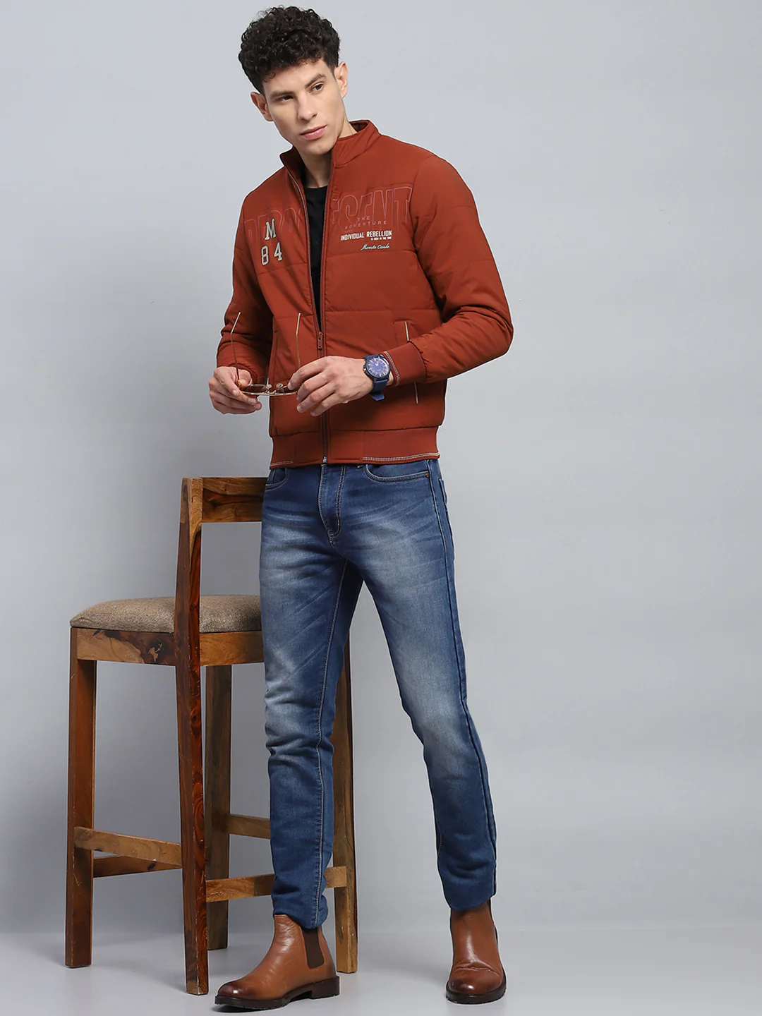 Men Rust Printed Mock Neck Full Sleeve Jacket - Image 2