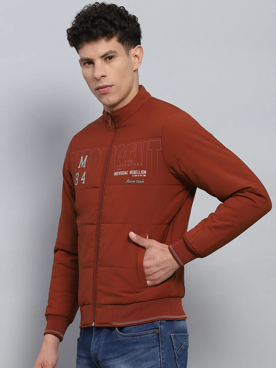 Men Rust Printed Mock Neck Full Sleeve Jacket - Image 3